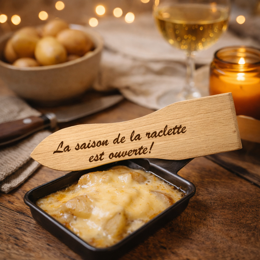 Spatule à raclette "La saison de la raclette est ouverte !"